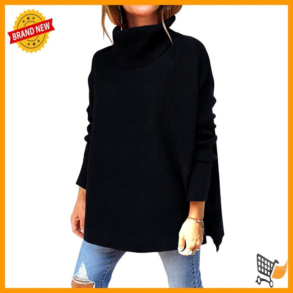 Oversized Turtleneck Batwing Sleeve Split Hem Knit Pullover Sweater Casual Chic